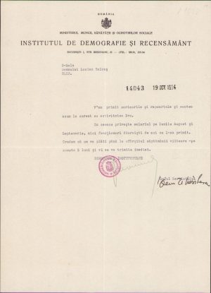 Semnătură olografă Sabin Manuilă, notă către Lucian Bolcaș, 1934, antet Institutul de Demografie și Recensământ