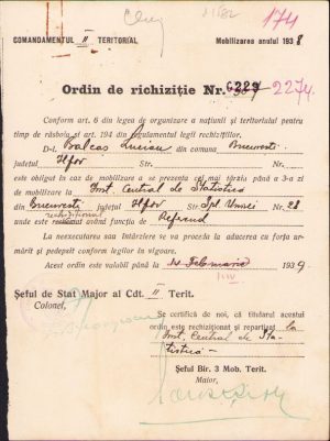Ordin de rechiziție Lucian Bolcaș, 1939