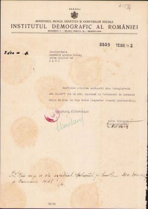 Semnătură olografă Sabin Manuilă, notă către Lucian Bolcaș, 1938, antet Institutul Demografic al României