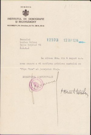 Semnătură olografă Sabin Manuilă, notă către Lucian Bolcaș, 1934, antet Institutul de Demografie și Recensământ