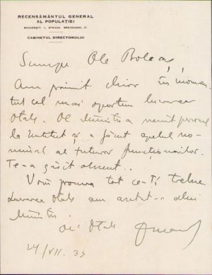 Semnătură olografă Sabin Manuilă, notă către Lucian Bolcaș, 1933, antet Recensământul General al Populației, cabinetul directorului