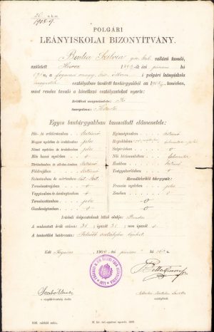 Certificat școlar, 1909, Făgăraș, elevă româncă ortodoxă