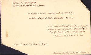 Invitație la nunta Marthei Gagel, fiica fotografului bucureștean Jean Gagel, 1944