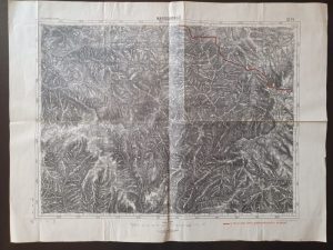 Hartă maghiară Mureșenii Bârgăului, județul Bistrița-Năsăud, cu granița retrasată din 1940 (marcată cu linie roșie) în urma cedării Ardealului de Nord-Vest