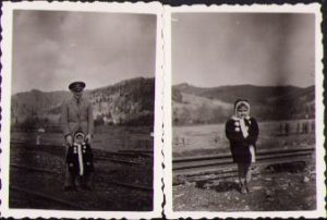 Lot de 2 poze mici, 1943, cu Adrian Costăchescu, șeful gării Frasin, cu fiica sa