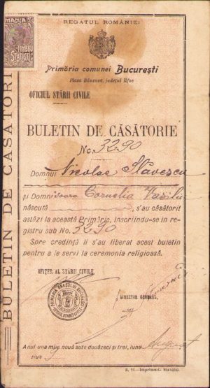 Buletin de căsătorie, 1923, București