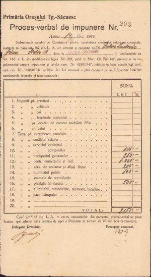 Proces-verbal de impunere, 1947, Primăria Târgu Secuiesc