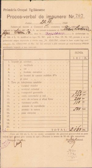 Proces-verbal de impunere, 1948, Primăria Târgu Secuiesc