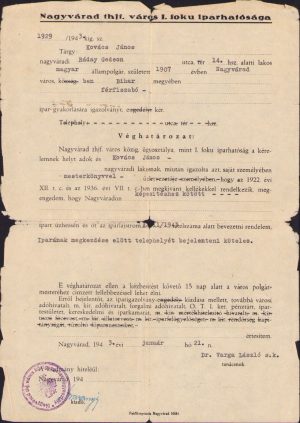 Autorizație de croitor, 1943, Oradea