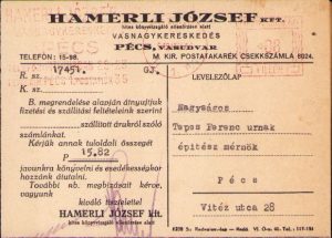 Tipizat Hamerli József Vasnagykereskedés, Pécs, 1942