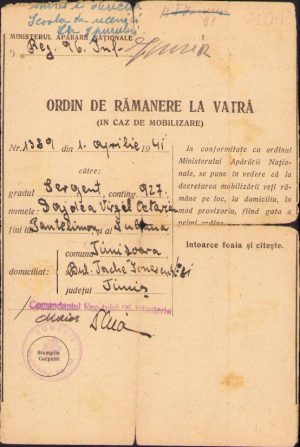Ordin de rămânere la vatră, 1941, Regimentul 95 Infanterie Timișoara