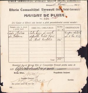 Mandat Eforia Comunității Evreiești Botoșani, 1924