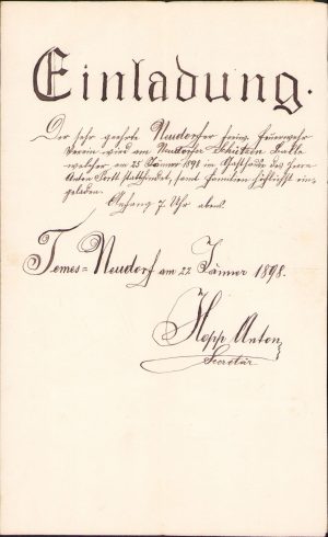 Invitație, 1898, formațiunea pompieri voluntari Neudorf, județul Arad