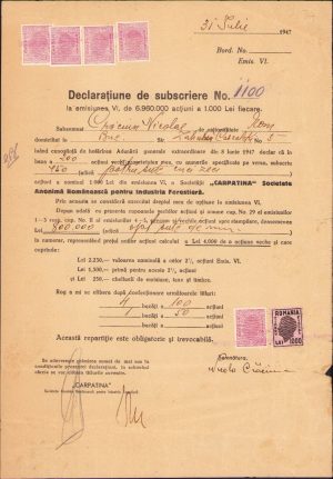 Declarațiune subscriere acțiuni Carpatina, 1947