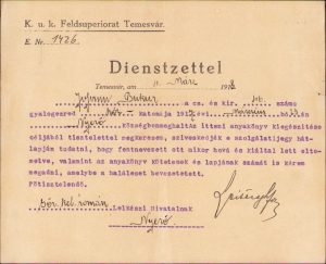 Cerere k.u.k. Feldsuperiorat Timișoara, 1918, pentru soldat de origine română mort, Nerău, județul Timiș