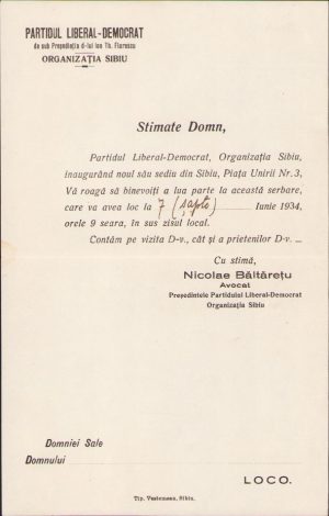 Invitație la inaugurarea noului sediu PNL Sibiu, 1934