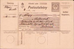 Mandat poștal ante 1918, Magyar Kiraly Posta, Societatea de economii și credit "Vulturul" Tășnad