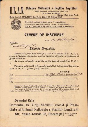 Act Uniunea Națională a Foștilor Luptători - cerere de înscriere, 1930