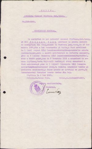 Certificat, 1940, serviciu militar în Garda Națională Română în 1918