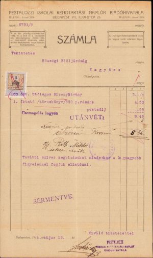 Factură rechizite, 1914, pentru școala din Tomnatic, județul Timiș