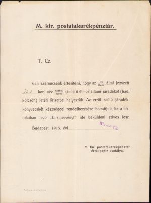 Tipizat Magyar Kiraly Postatakarekpenztar Hadi kolcson Împrumut război, 1915