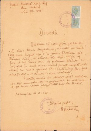 Dovadă școlară, 1945, Mediaș
