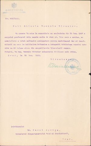 Mulțumiri protocolare pentru contribuția ASTRA, 1922, Școala fete către profesorul Pavel Oprișa, Brad, județul Hunedoara