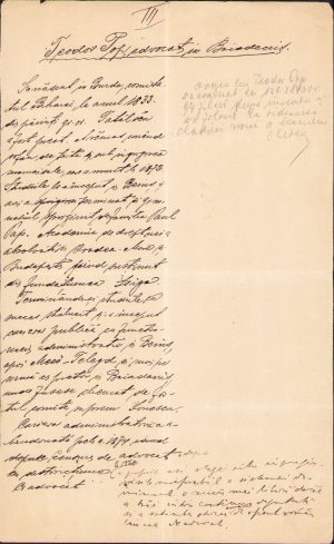 Scurtă biografie a lui Teodor Pop de Pavel Oprișa, olografă, Brad, județul Hunedoara