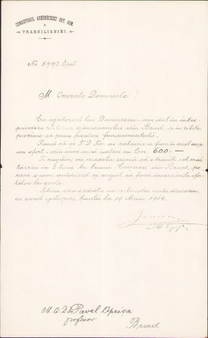 Episcop Ioan Mețianu, apel la subscriere pentru ridicarea liceului românesc din Brad, județul Hunedoara, 1914, exemplar destinat profesorului Pavel Oprișa