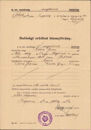 Certificat de moralitate, 1941, Oradea