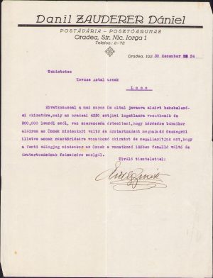 Act cu antetul comerciantului evreu de postav Daniil Zauderer din Oradea, 1930