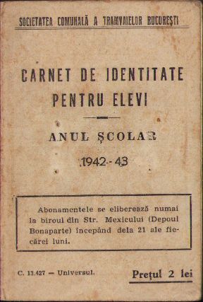 Societatea Comunală a Tramvaielor București, 1943, carnet de identitate pentru elevi