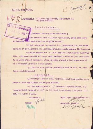 Certificat de origine etnie germană refuzată, 1940, Timișoara