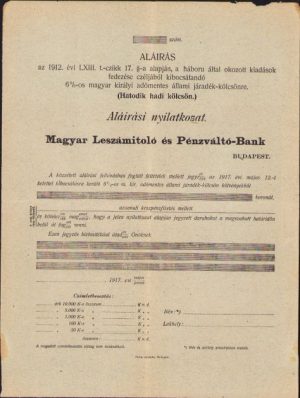 Formular subscriere, 1912, Hatodik hadi kolcson, Împrumutul de război austro-ungar