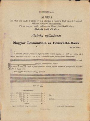 Formular subscriere, 1912, Hatodik hadi kolcson, Împrumutul de război austro-ungar