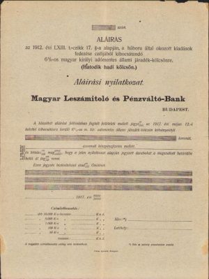 Formular subscriere, 1912, Hatodik hadi kolcson, Împrumutul de război austro-ungar