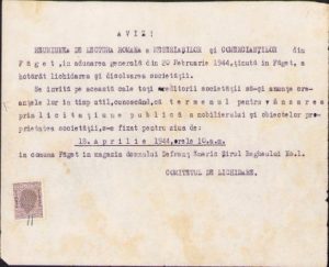 Aviz, 1944, Reuniunea de lectură română meseriași Făget, județul Timiș