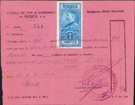 Chitanță cu antet Uzinele de fier și domeniile Reșița, 1928