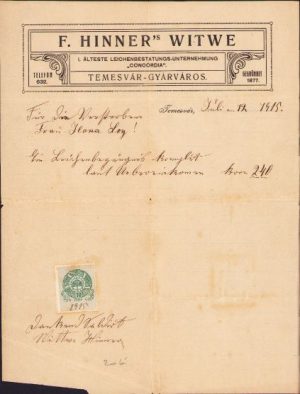 Factură cu antet F Hinner's Witwe Timișoara Fabric, 1915