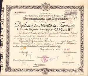Diplomă de licență în farmacie, 1937, Universitatea din București