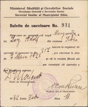 Buletin de vaccinare, 1932, Sibiu