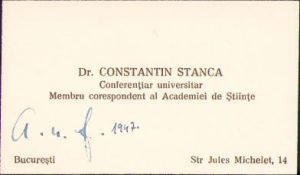 Cartea de vizită a profesor universitar dr. Constantin Stanca, 1947