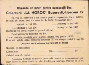 Comandă de lozuri Colectura "La Noroc" București, 1947