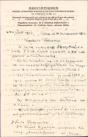 Semnătură olografă Octavian Rusu vicepreședinte ASTRA, 1923, Sibiu, pe act cu antet ASTRA