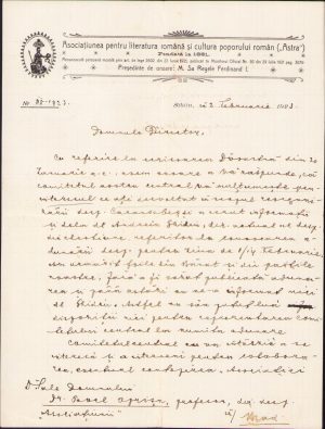 Semnătură olografă Octavian Rusu vicepreședinte ASTRA, 1923, Sibiu, pe act cu antet ASTRA