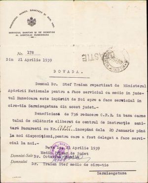 Repartiție medic, 1939, MApN, Deva