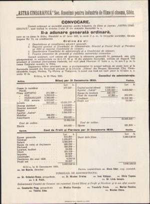 Convocator ASTRA Cinegrafică Sibiu, 1931