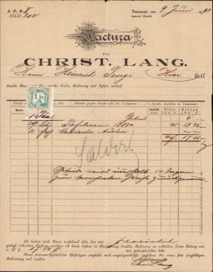 Factură cu antet Christian Lang, Timișoara, 1893