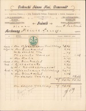 Factură cu antet Johann Tedeschi Sohne, magazin de unelte și fier, depozit de mașinării,  Timișoara Fabric, 1894
