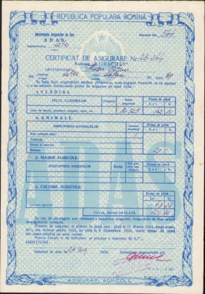 Poliță ADAS, 1954, asigurare casă